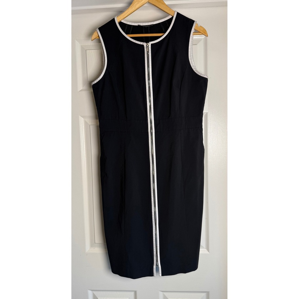 Lafayette 148 New York Sheath Dress Womens 10 Black White Zip Front Sleeveless